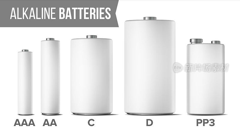 碱性电池模拟设置向量。不同类型的AAA, AA, C, D, PP3, 9伏。经典现代现实电池。白色干净的空白模板对品牌设计很好。孤立的插图